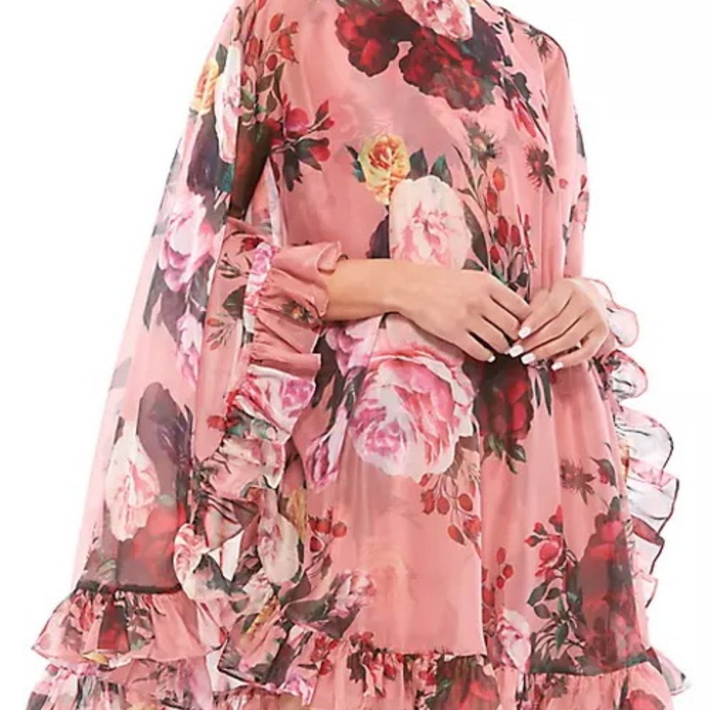 Ieena Mac Duggal Rose Multi Floral Print Cape Minidress - Picture 2 of 5